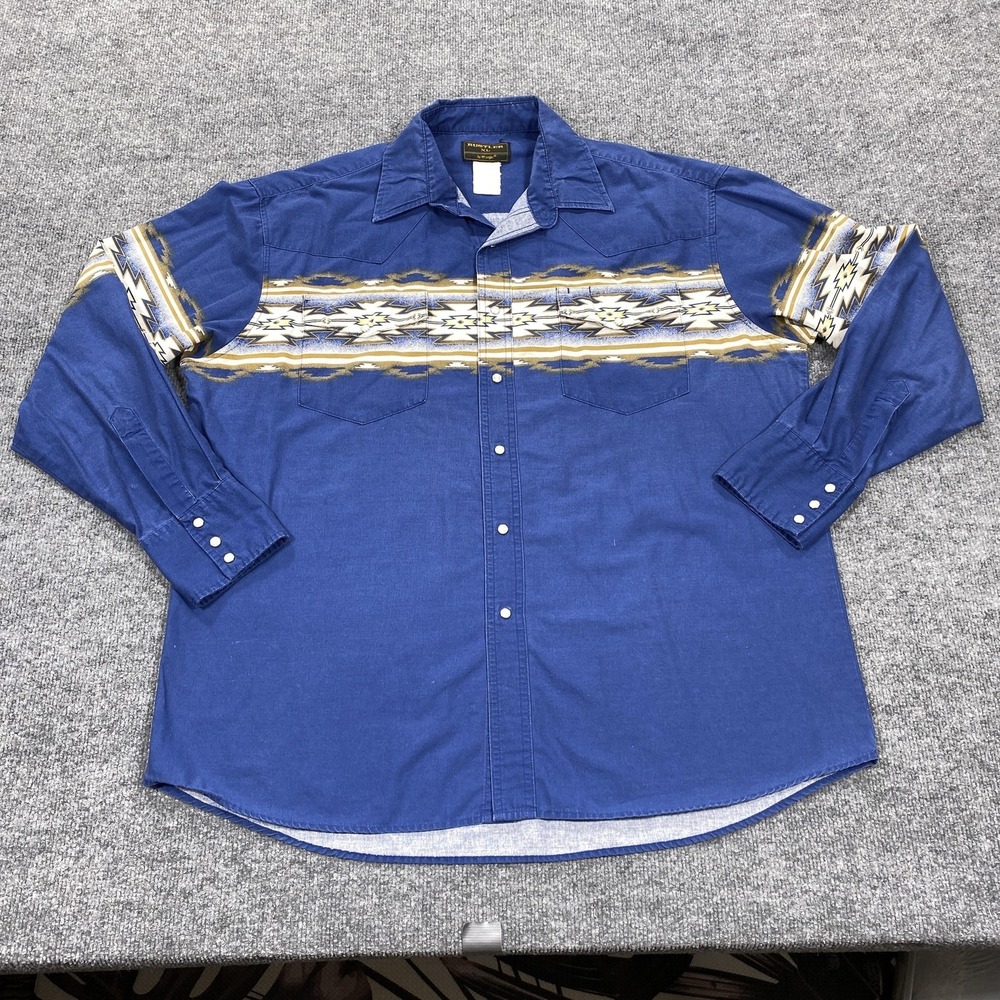 Vintage Rustler Shirt Mens XL Blue Southwestern Print Long‎ Sleeve Snap Western
